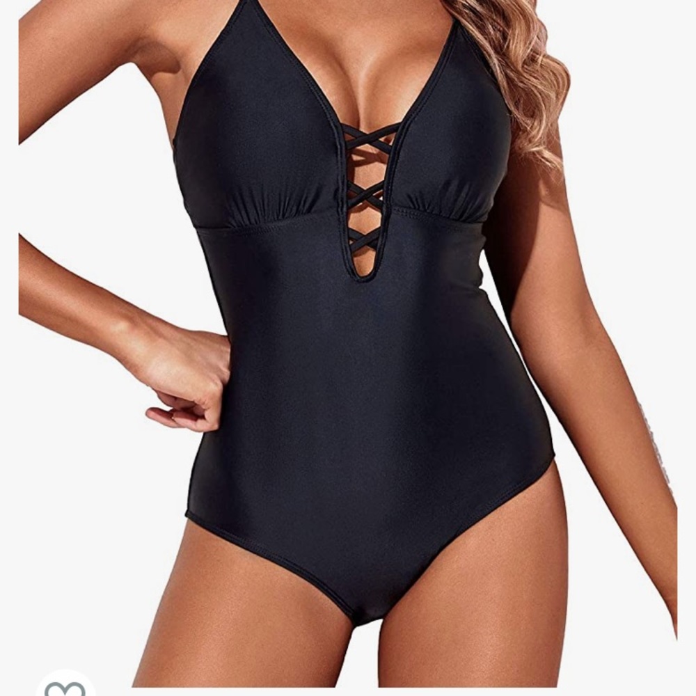 Black, deep V lace-up one piece xl (16)